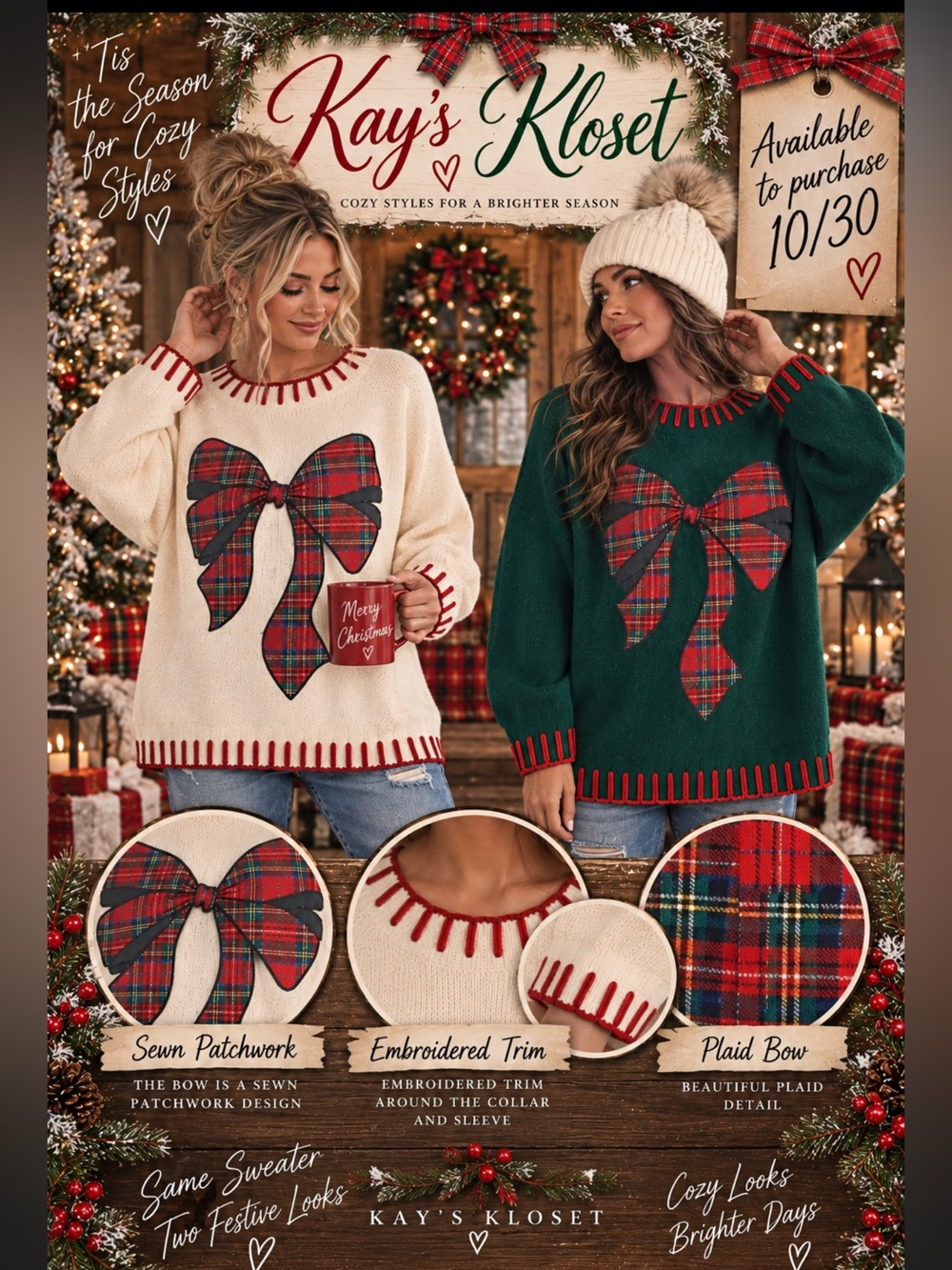 W18-(💚❤️🎄 ETA 10/30)Plaid Bow Crewneck Sweater - Cream or Green.